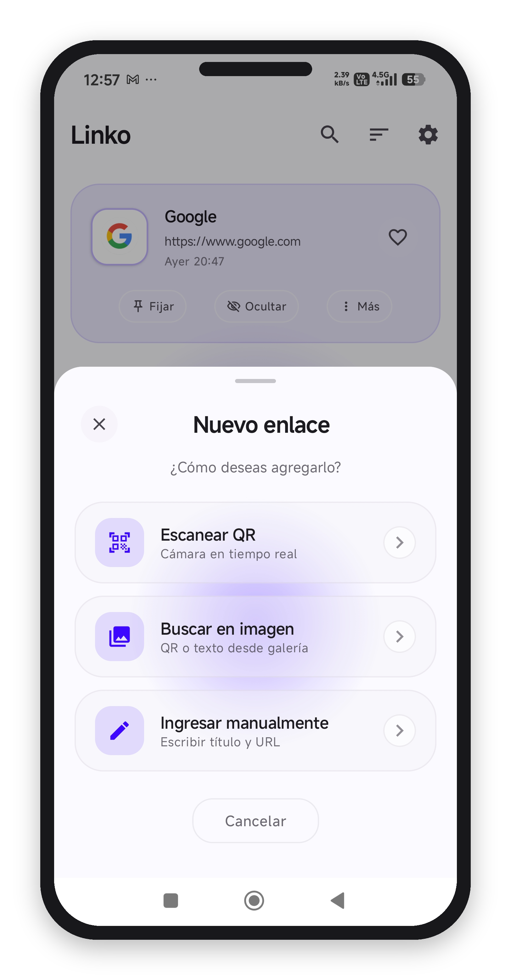 Linko app on Android: save a link by scanning a QR code, with OCR, or manually